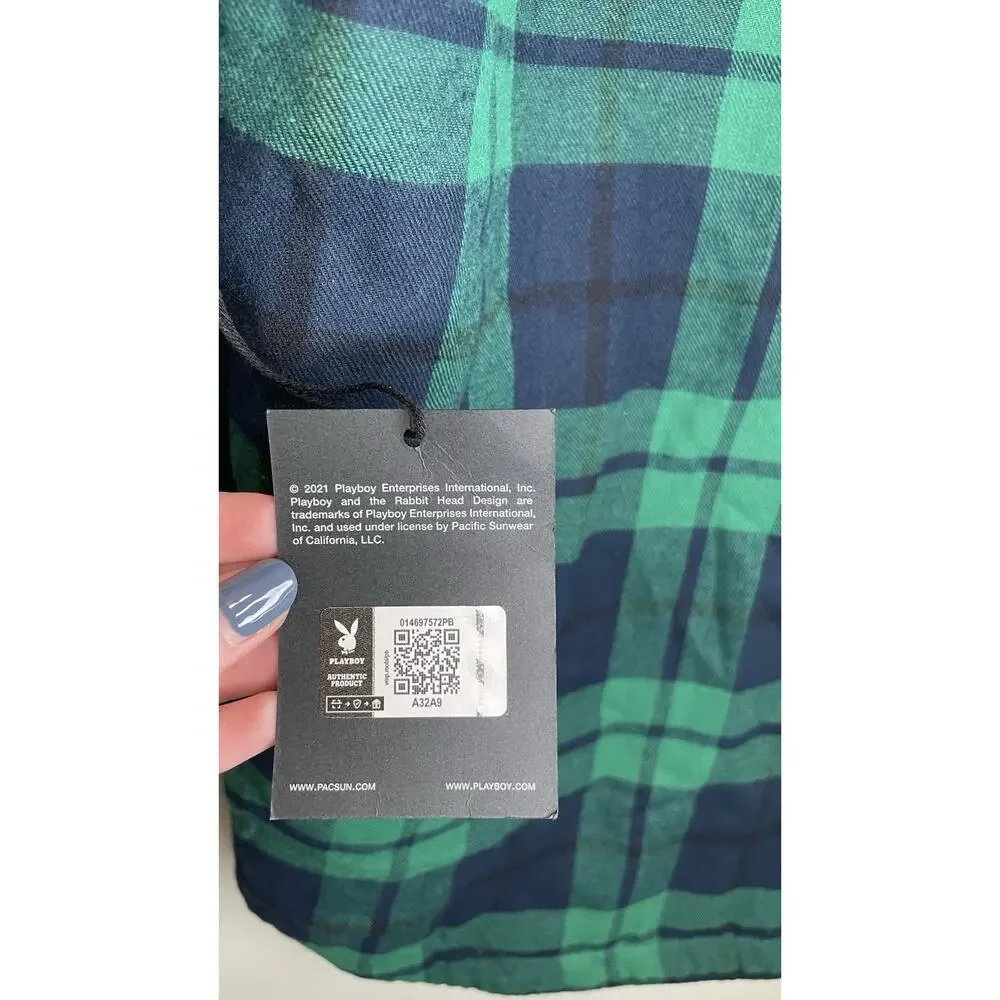 NWT Playboy x Pacsun Mens Plaid Jacket Hoodie Coat Logo Quilted Blue Green XS/S - Picture 4 of 10